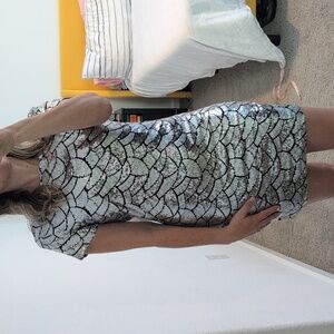 Rubber Ducky Productions Silver Sequin Dress Low Back Short Sleeve Made In USA
